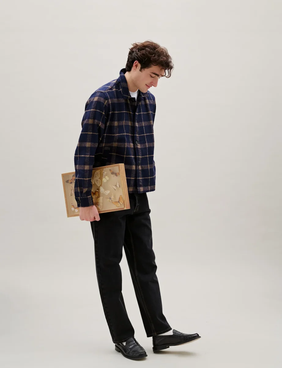 Sun Wool Relaxed Fit Check Overshirt, Navy - Bild 4
