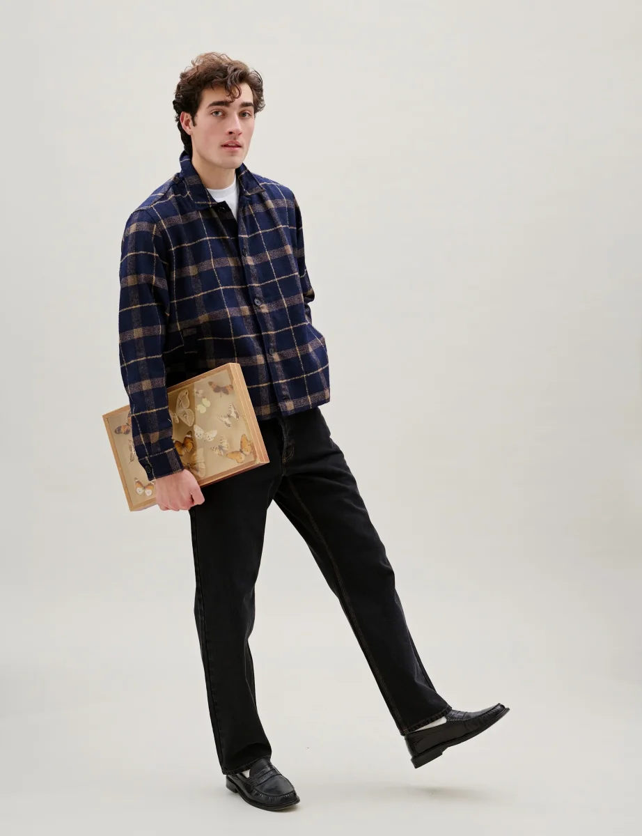 Sun Wool Relaxed Fit Check Overshirt, Navy - Bild 2